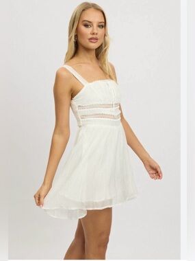 Women's White Sleeveless Mini Dress with Lace Trim